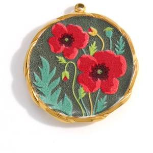 Gold stainless steel round pendant with detailed red poppy flower design on white background