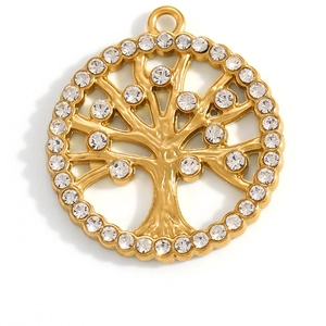 Gold stainless steel Tree of Life pendant featuring sparkling clear rhinestones for women