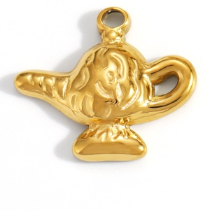 Macro detail of a 18K gold plated Aladdin lamp pendant with a polished metallic finish