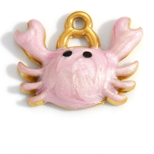 Pink crab charm pendant with shimmering enamel finish and 18K gold plated base for jewelry