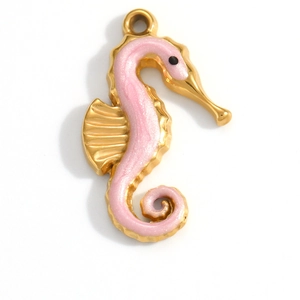 Macro view of 18K gold-plated seahorse pendant with pink glitter enamel and top ring hook