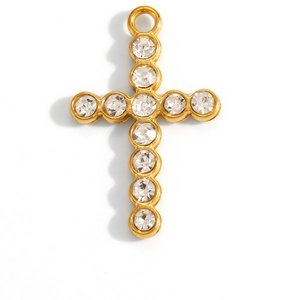18K gold plated stainless steel cross pendant featuring sparkling white zircon stones