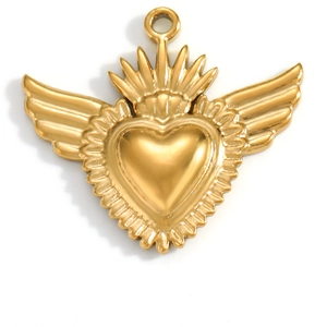 Detailed macro view of an 18K gold-plated sacred heart pendant with angel wings design