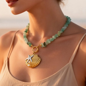 Stainless Steel Ocean Theme Necklace Shell Pendant Starfish Faux Artificial Pearl Green Natural Stone Beaded Jewelry For Women Summer Vacation