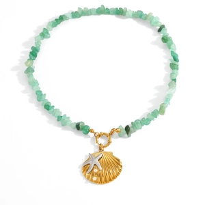 Green stone bead necklace with gold shell and silver starfish pendant for women