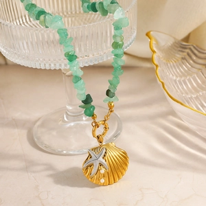 18K gold plated stainless steel necklace with green natural stones and shell pendant