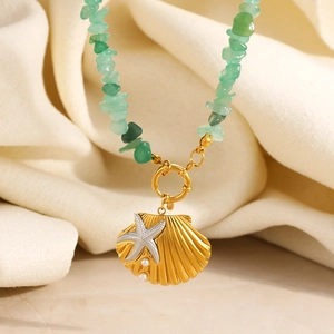 18K gold plated stainless steel necklace with green natural stones and shell pendant