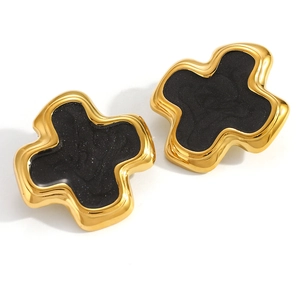 Boucles d'oreilles en acier inoxydable plaqué or 18K avec fini noir mat et bords ondulés