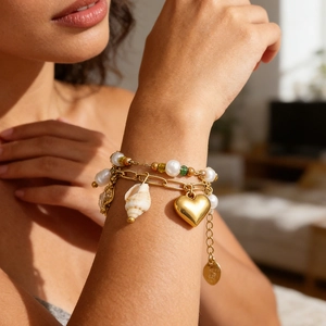 Bracelet Double Couche en Acier Inoxydable Plaqué Or 18K Avec Breloques Cœur Coquillage Künstliche Perle Bijoux Bohèmes Femme