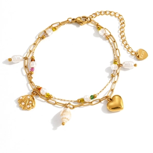 Bracelet double couche en acier plaqué or 18K avec coquillage de coeur et perles