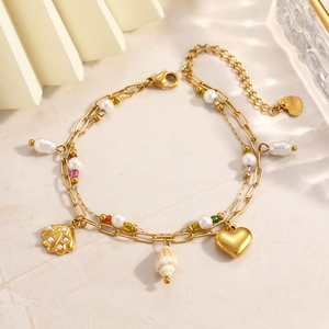 Bracelet double couche en acier inoxydable doré 18K avec pendentifs cœur et coquillages