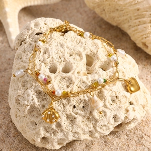 Bracelet double couche en acier inoxydable doré avec perles colorées et breloques