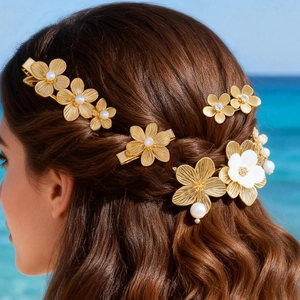 Flower Hair Clips 18K Gold Plated Stainless Steel With Faux Artificial Pearl Rhinestone Waterproof Hypoallergenic Hairpins Women