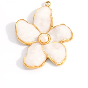 Detail of 18K gold flower pendant with white enamel petals and center pearl accent