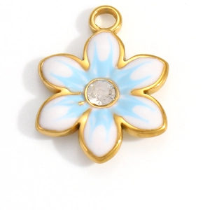 Detail of flower charm with 18K gold plating, dual-tone enamel petals and rhinestone center