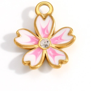 Exquisite 18K gold plated cherry blossom pendant with pink enamel and sparkling zircon