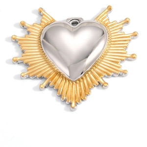 Detail of 18K gold-plated sunburst heart charm with polished silver mirror finish