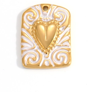 Detailed close-up of 18K gold plated heart pendant with white enamel floral details