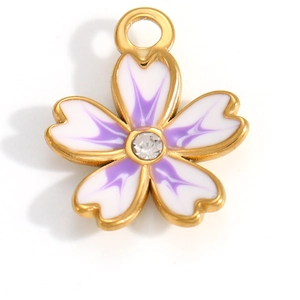 18K gold-plated stainless steel cherry blossom pendant with purple enamel and zircon