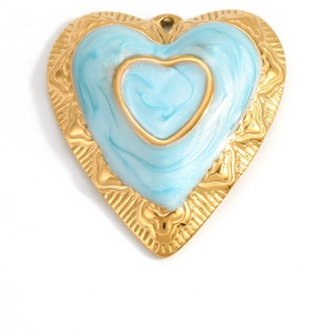 18K gold-plated heart pendant with light blue marble enamel and wavy metal frame