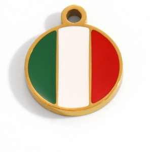 Detalle de colgante circular de acero inoxidable con bandera italiana esmaltada
