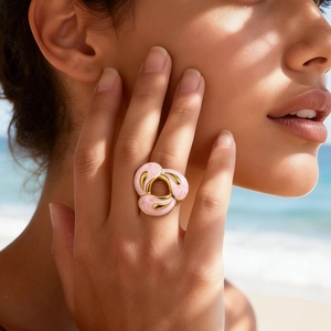 Detailed view of pink enamel flower ring with gold plating worn by model at the beach