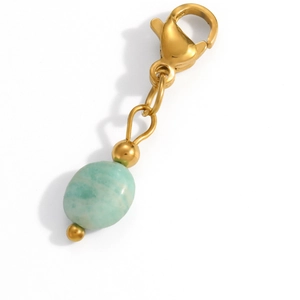 Detail of golden lobster clasp and light blue amazonite gemstone pendant with gold beads
