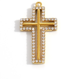 Pendentif croix double couche plaqué or 18 carats avec pierres de zircon blanc