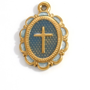 Pendentif croix en acier inoxydable plaqué or 18k avec texture bleue et paillettes