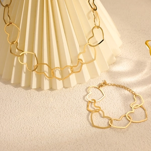 18K gold plated stainless steel jewelry set with interconnected hollow heart links