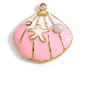 Detail of a pink and white enamel shell pendant with pearls and a crystal accent
