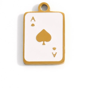 Pendentif carte de poker As de Pique en acier inoxydable doré et émail blanc