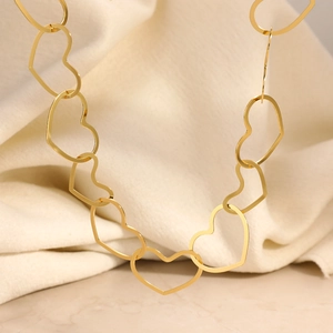 Detailed view of the 18K gold plated interlocking heart links on the stainless steel chain