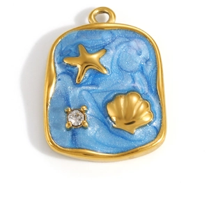 Gold stainless steel ocean pendant with blue enamel, starfish, shell and zircon accent