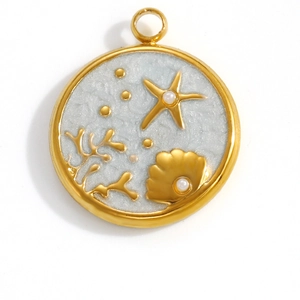 Detailed macro view of a golden ocean-themed shell and starfish pendant with pearls