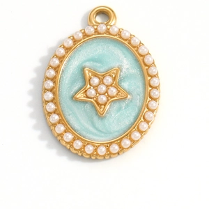 Detailed close-up of oval stainless steel pendant with star inlay and pearl border