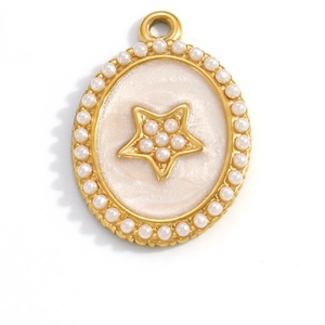 Macro view of gold stainless steel oval pendant with star and pearl inlay details