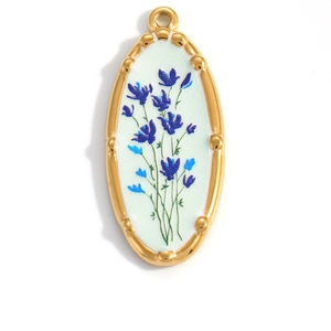 Oval gold-plated floral pendant with light blue enamel and beaded metal frame details