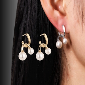 French Vintage Artificial Pearl Stud Earrings Elegant Copper Double Artificial Pearl Drop Earrings For Women Fashion Jewelry Wedding Party Accessory