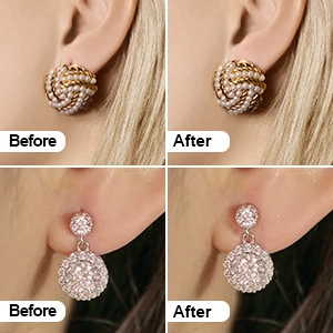 Comparison showing heart-shaped earring lifters effect on earlobes with pearl studs
