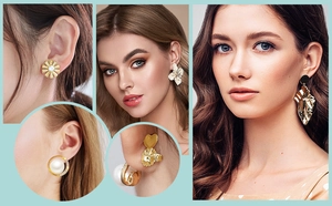 Detailed view of assorted gold floral studs and geometric dangle earrings on models