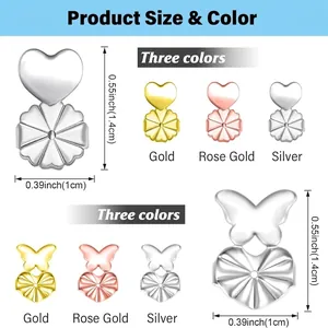 Size guide for heart and butterfly earlobe lifters in gold, rose gold, and silver