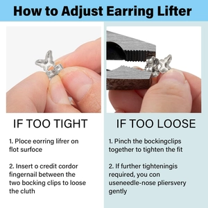 Adjustable silver earring lifters for drooping ears shown with easy adjustment steps