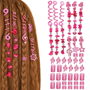 Kit bijoux de cheveux roses pour tresses avec spirales et pendentifs en pierre