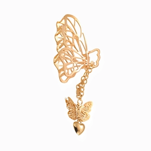 Grande pince à cheveux papillon dorée avec glands en métal et pendentifs en cœur