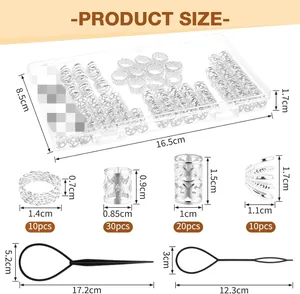 Detailed size chart for the 72-piece DIY hair jewelry set including rings and tools