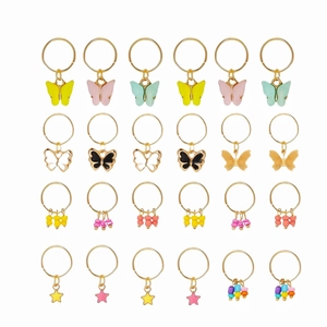 Lot de 24 anneaux à cheveux dorés DIY avec pendentifs papillons et étoiles