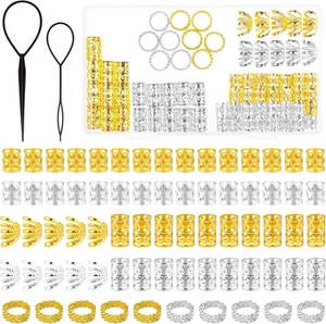 Detail view of 72pcs gold and silver hair braid rings with alloy spiral clips and tools