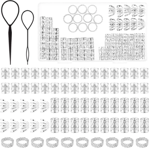 72-piece silver hair jewelry set with assorted rings and braiding tools in a plastic case