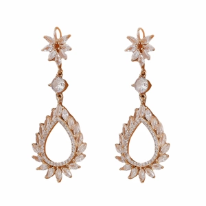 Detailed macro view of teardrop earrings with luxury zircons and gold plating finish